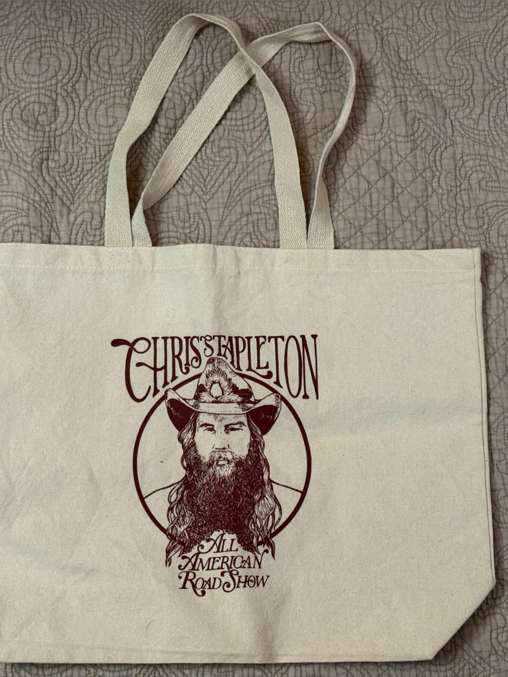 Chris Stapleton Canvas Tote Bag in Cream with Maroon Print - NEW